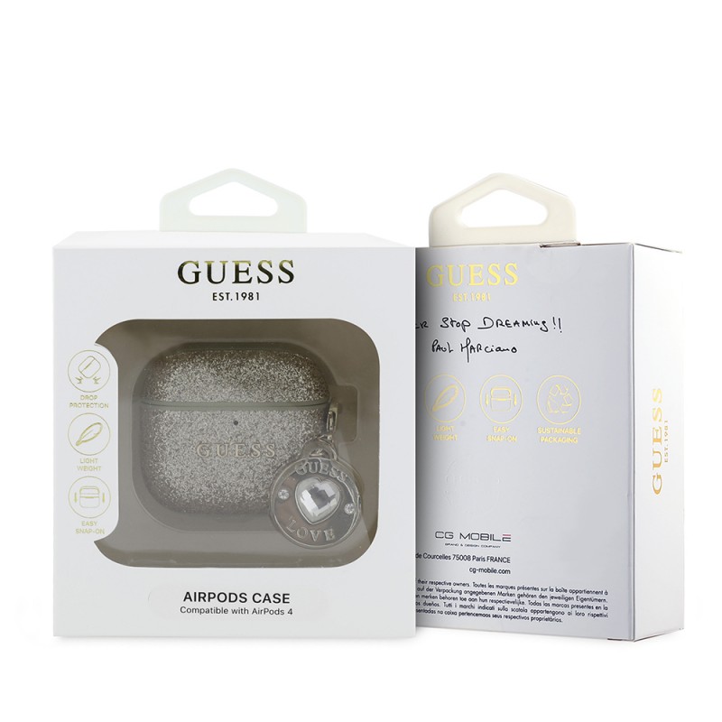 Bal-z Apple Airpods 4 Kılıf Guess Orjinal Lisanslı Glitter Elmas Kalp Süs Zincirli Kapak