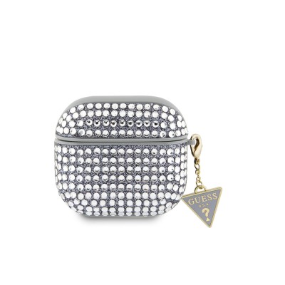Bal-z Apple Airpods 4 Kılıf Guess Orjinal Lisanslı Parıltılı Taş Kaplamalı Üçgen Logo Süs Zincirli Kapak