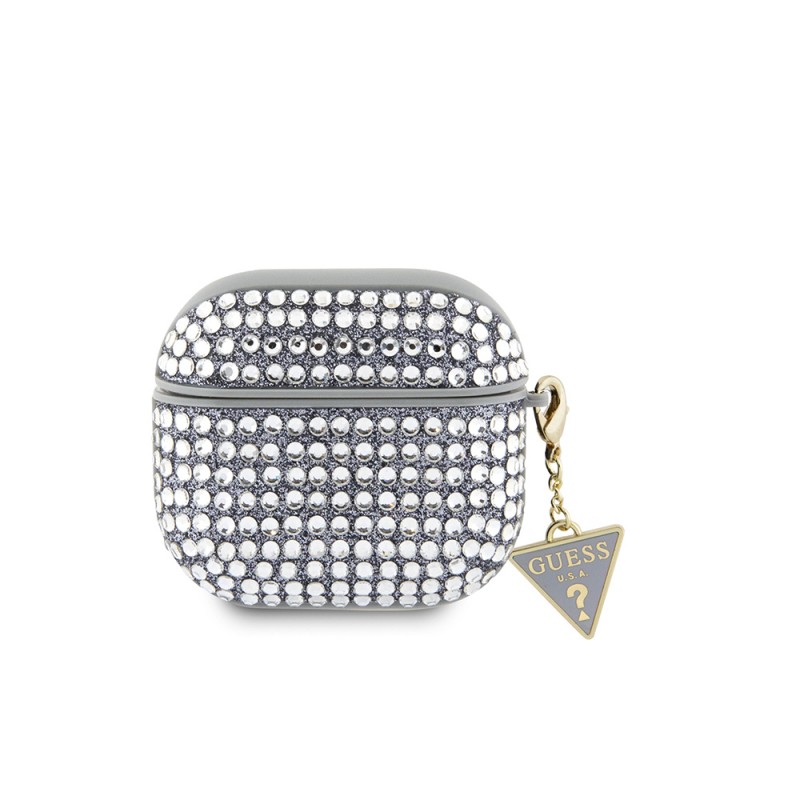 Bal-z Apple Airpods 4 Kılıf Guess Orjinal Lisanslı Parıltılı Taş Kaplamalı Üçgen Logo Süs Zincirli Kapak