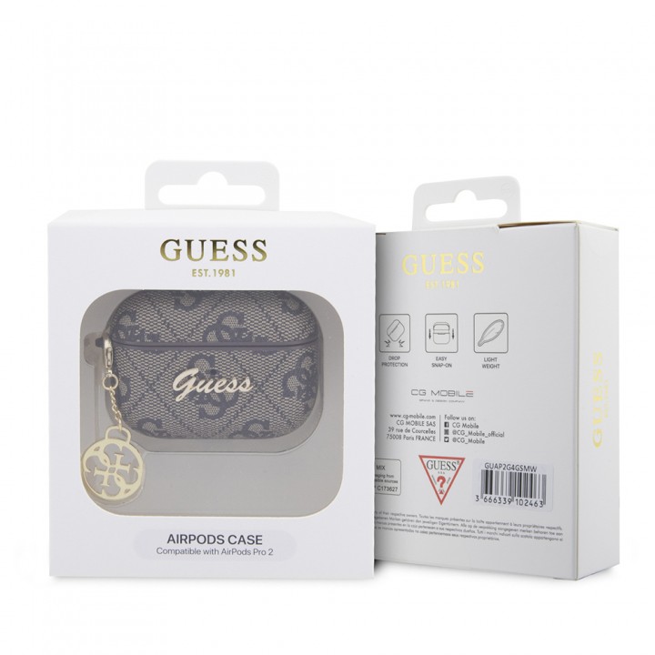 Apple Airpods Pro 2 Kılıf Guess Orjinal Lisanslı 4G Desenli Metal Script Logolu 4G Charm PU Deri Kapak