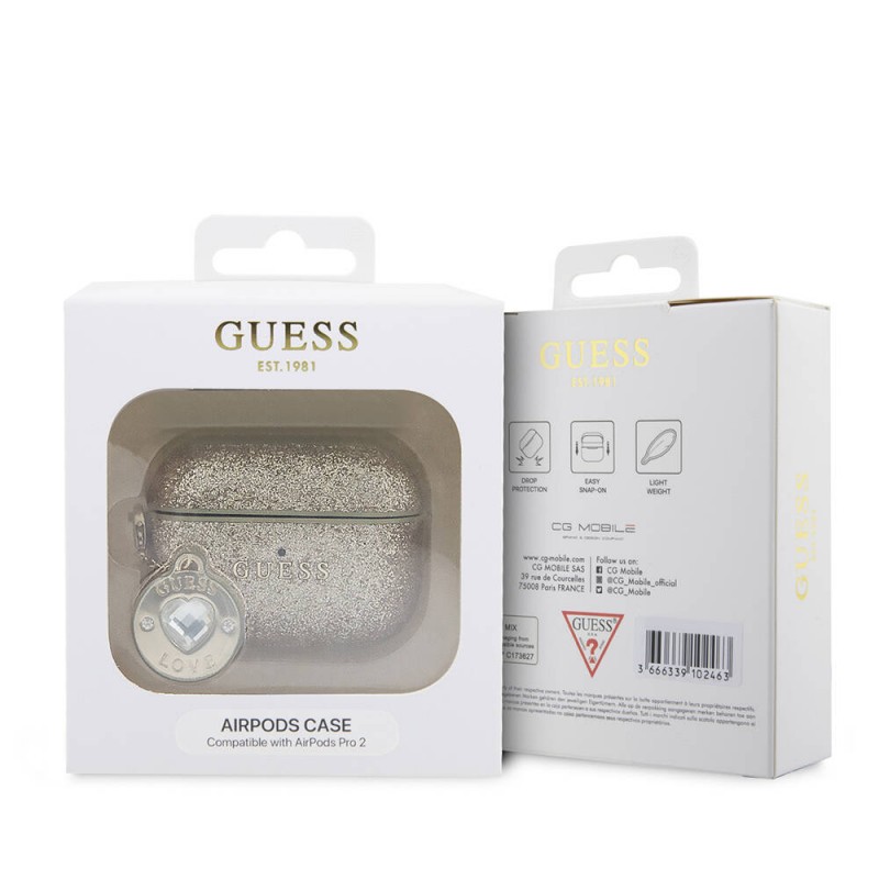 Bal-z Apple Airpods Pro 2 Kılıf Guess Orjinal Lisanslı Glitter Elmas Kalp Süs Zincirli Kapak
