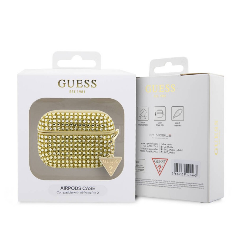 Bal-z Apple Airpods Pro 2 Kılıf Guess Orjinal Lisanslı Parıltılı Taş Kaplamalı Üçgen Logo Süs Zincirli Kapak