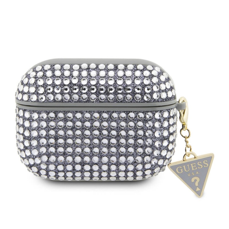 Bal-z Apple Airpods Pro 2 Kılıf Guess Orjinal Lisanslı Parıltılı Taş Kaplamalı Üçgen Logo Süs Zincirli Kapak