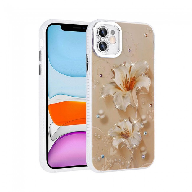 Apple iPhone 11 Kılıf Çiçek Desenli Parlak Taşlı Sert Silikon Zore Garden Kapak Apple iPhone 11 Kılıf Çiçek Desenli Parlak Taşlı Sert Silikon Zore Garden Kapak