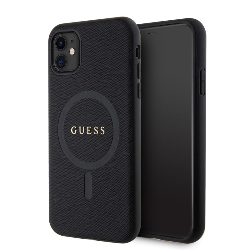 Bal-z Apple iPhone 11 Kılıf Guess Orjinal Lisanslı M-safe Şarj Özellikli Yazı Logolu Saffiano Classic Kapak
