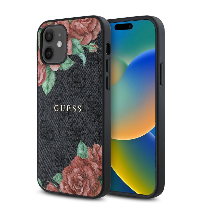 Bal-z Apple iPhone 12 Kılıf Guess Orjinal Lisanslı M-safe Şarj Özellikli Gül Baskılı 4G Desenli Yazı Logolu Kapak