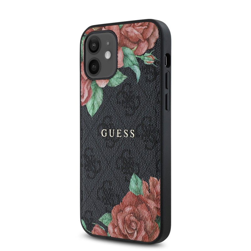 Bal-z Apple iPhone 12 Kılıf Guess Orjinal Lisanslı M-safe Şarj Özellikli Gül Baskılı 4G Desenli Yazı Logolu Kapak