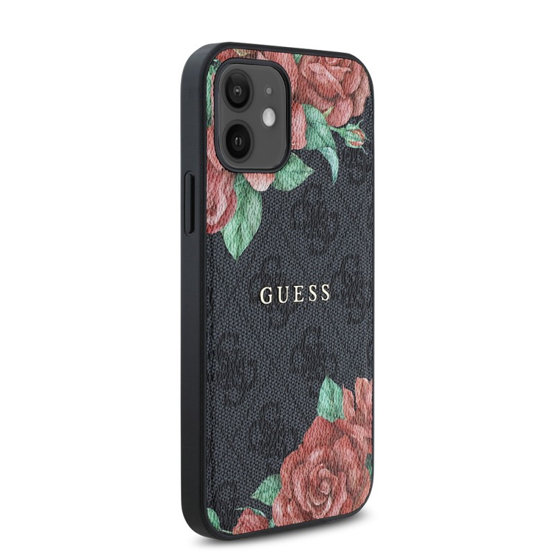 Bal-z Apple iPhone 12 Kılıf Guess Orjinal Lisanslı M-safe Şarj Özellikli Gül Baskılı 4G Desenli Yazı Logolu Kapak