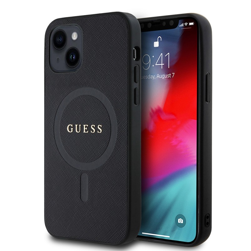 Bal-z Apple iPhone 12 Kılıf Guess Orjinal Lisanslı M-safe Şarj Özellikli Yazı Logolu Saffiano Classic Kapak