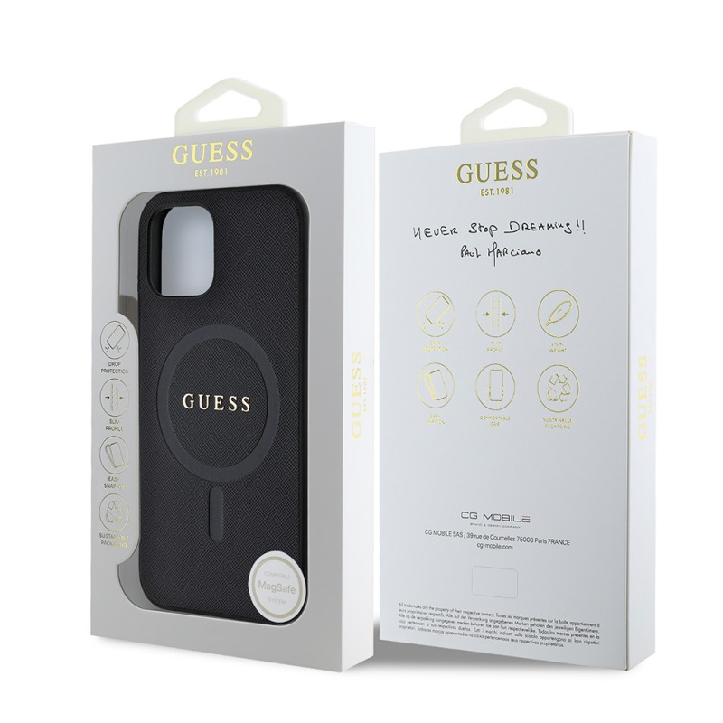 Bal-z Apple iPhone 12 Kılıf Guess Orjinal Lisanslı M-safe Şarj Özellikli Yazı Logolu Saffiano Classic Kapak