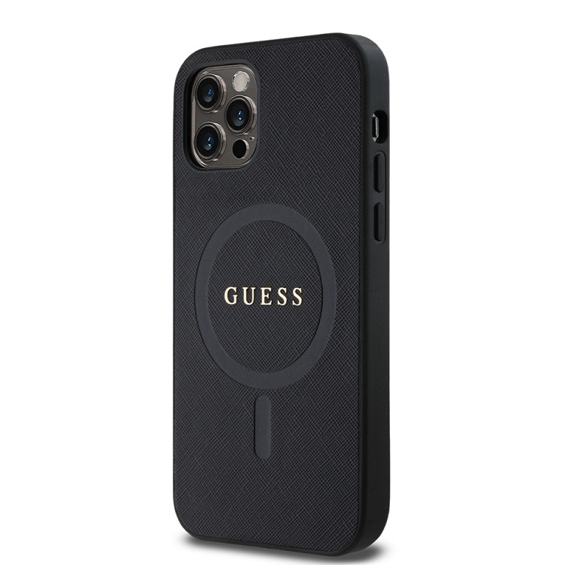 Bal-z Apple iPhone 12 Pro Kılıf Guess Orjinal Lisanslı M-safe Şarj Özellikli Yazı Logolu Saffiano Classic Kapak