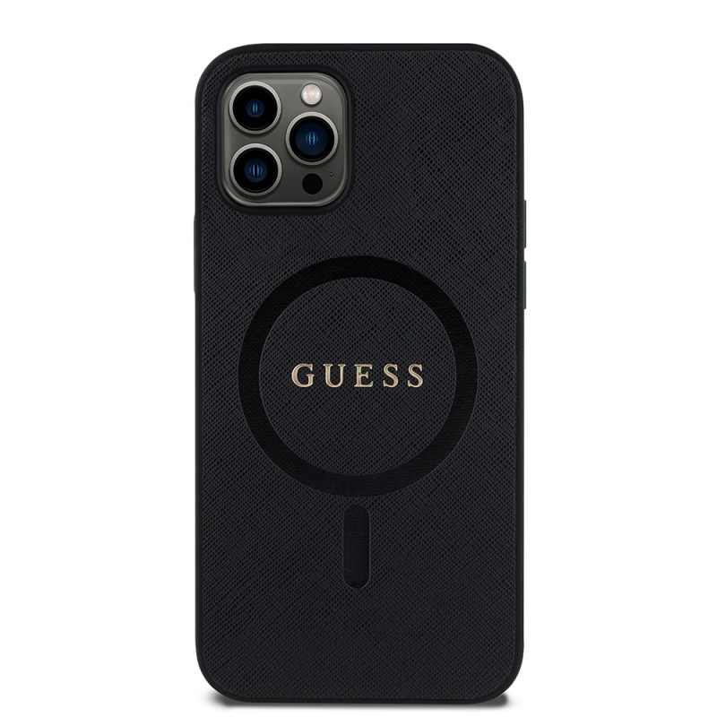 Bal-z Apple iPhone 12 Pro Kılıf Guess Orjinal Lisanslı M-safe Şarj Özellikli Yazı Logolu Saffiano Classic Kapak