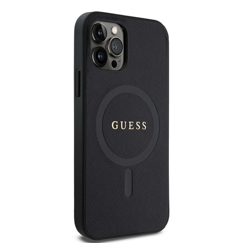 Bal-z Apple iPhone 12 Pro Kılıf Guess Orjinal Lisanslı M-safe Şarj Özellikli Yazı Logolu Saffiano Classic Kapak