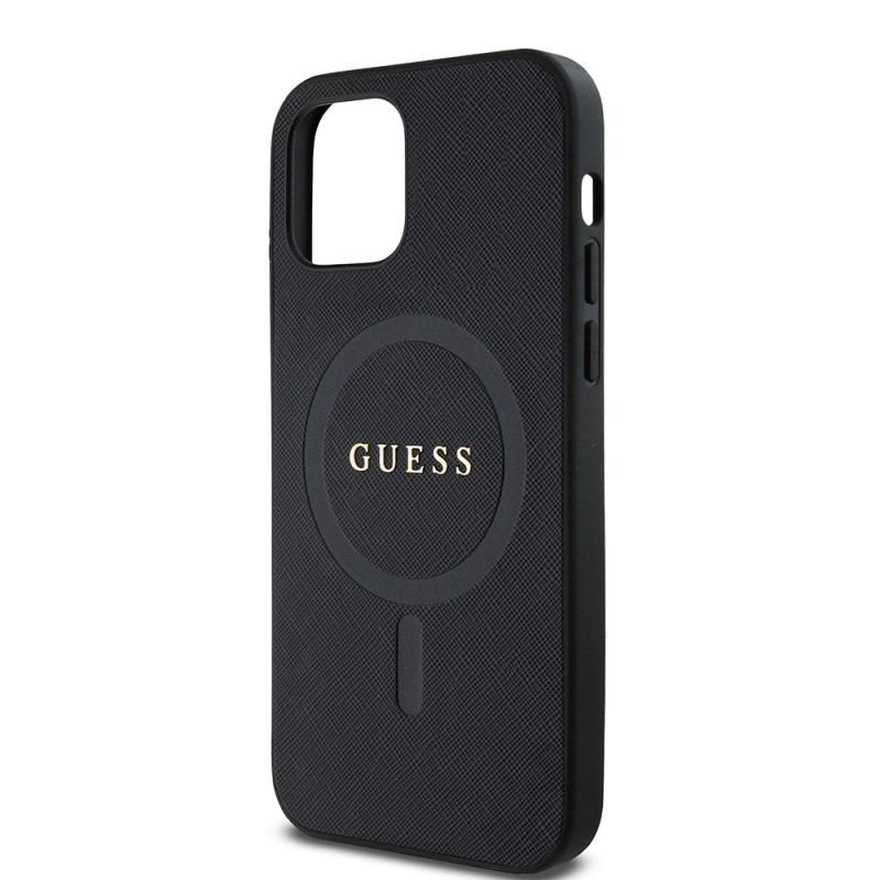 Bal-z Apple iPhone 12 Pro Kılıf Guess Orjinal Lisanslı M-safe Şarj Özellikli Yazı Logolu Saffiano Classic Kapak