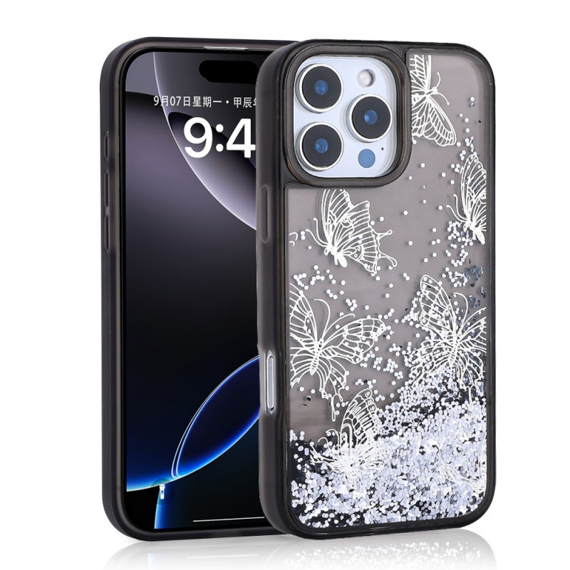 Bal-z Apple iPhone 12 Pro Kılıf Sıvılı Simli Kelebek Baskılı Şeffaf Arka Yüzey Zore Glis Silikon Kapak