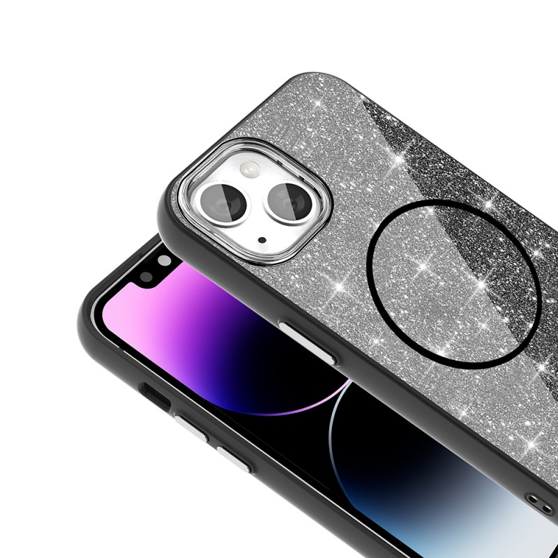 Bal-z Apple iPhone 13 Kılıf M-safe Şarj Özellikli Parlayan Simli Zore Okso Kapak