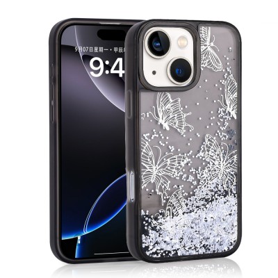 Bal-z Apple iPhone 13 Kılıf Sıvılı Simli Kelebek Baskılı Şeffaf Arka Yüzey  Glis Silikon Kapak