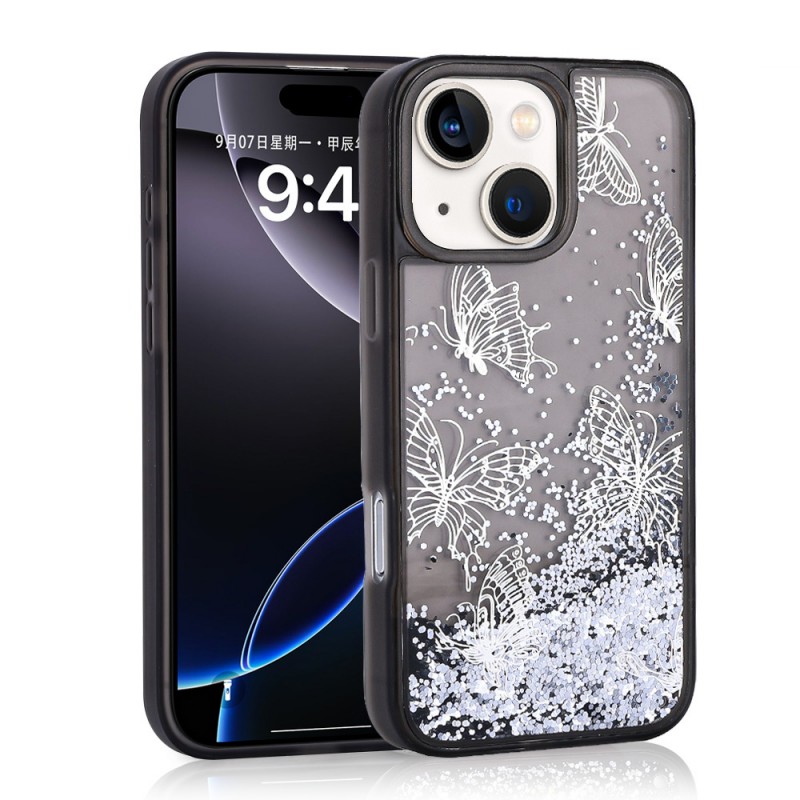 Bal-z Apple iPhone 13 Kılıf Sıvılı Simli Kelebek Baskılı Şeffaf Arka Yüzey  Glis Silikon Kapak