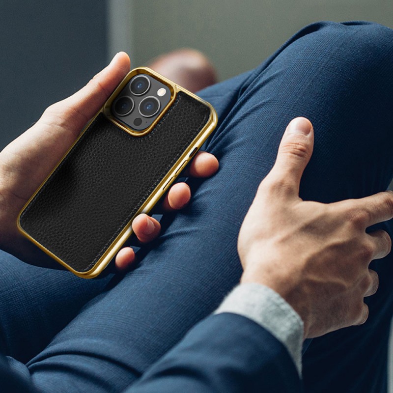 Bal-z Apple iPhone 13 Kılıf Wiwu Genuine Leather Gold Calfskin Orjinal Deri Kapak