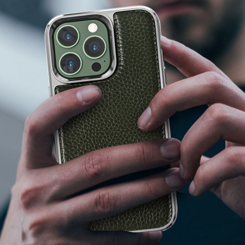 Bal-z Apple iPhone 13 Kılıf Wiwu Genuine Leather Silver Calfskin Orjinal Deri Kapak