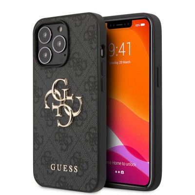 Bal-z Apple iPhone 13 Pro Kılıf Guess Orjinal Lisanslı PU Deri 4G Desenli Metal Büyük 4G ve Yazı Logolu Kapak