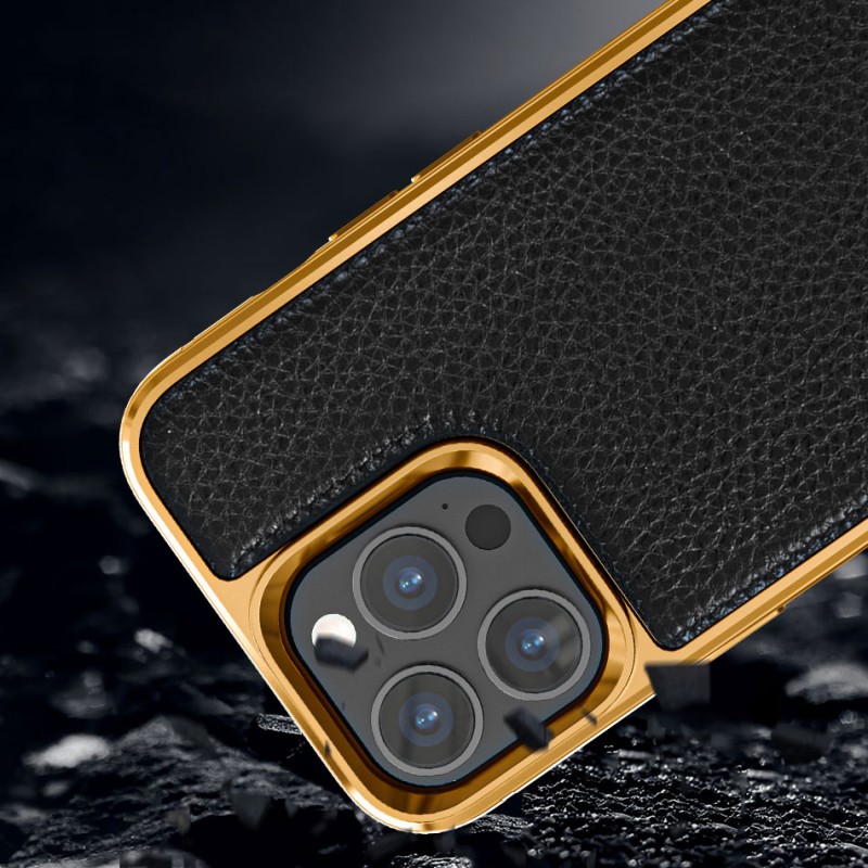 Bal-z Apple iPhone 13 Pro Kılıf Wiwu Genuine Leather Gold Calfskin Orjinal Deri Kapak