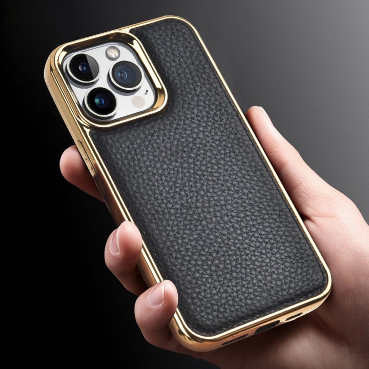 Apple iPhone 13 Pro Kılıf Wiwu Genuine Leather Gold Calfskin Orjinal Deri Kapak