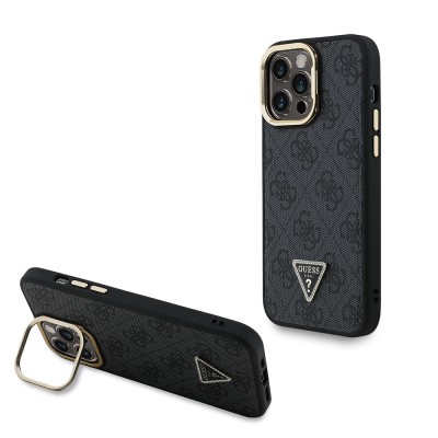 Bal-z Apple iPhone 13 Pro Max Kılıf Guess Orjinal Lisanslı PU Deri Taşlı Üçgen Logo 4G Desenli Kamera Standlı Kapak