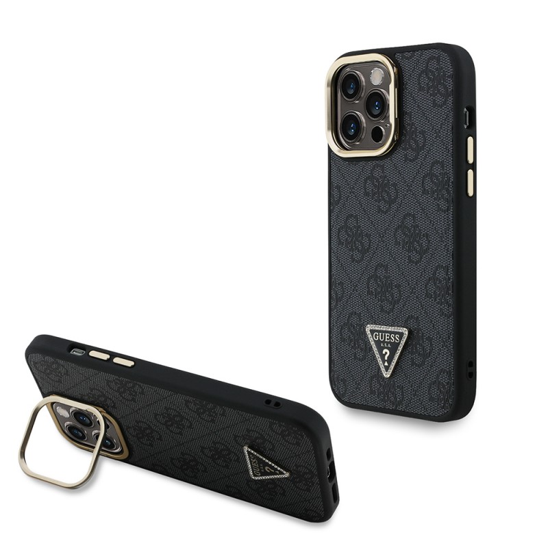 Bal-z Apple iPhone 13 Pro Max Kılıf Guess Orjinal Lisanslı PU Deri Taşlı Üçgen Logo 4G Desenli Kamera Standlı Kapak