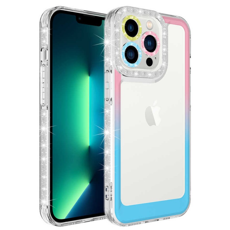 Bal-z Apple iPhone 13 Pro Max Kılıf Simli ve Renk Geçiş Tasarımlı Lens Korumalı  Park Kapak