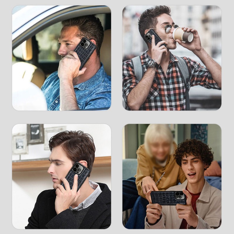 Bal-z Apple iPhone 13 Pro Max Kılıf Wiwu Croco Pattern Calfskin Orjinal Deri Kapak