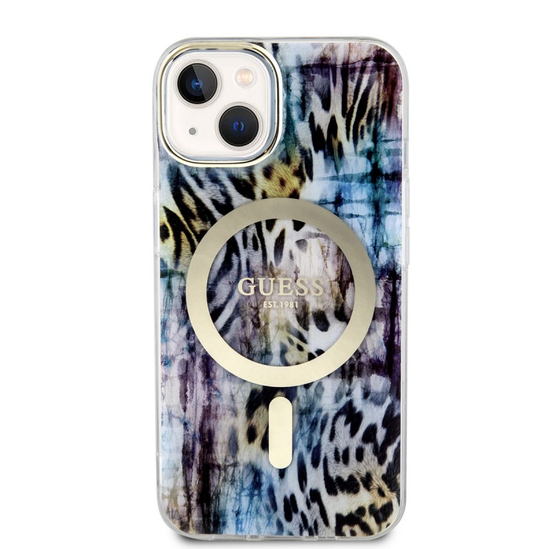Bal-z Apple iPhone 14 Kılıf GUESS M-safe Şarj Özellikli Leopar Desenli Kapak