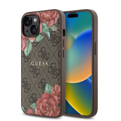 Bal-z Apple iPhone 14 Kılıf Guess Orjinal Lisanslı M-safe Şarj Özellikli Gül Baskılı 4G Desenli Yazı Logolu Kapak