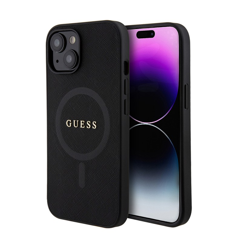 Bal-z Apple iPhone 14 Kılıf Guess Orjinal Lisanslı M-safe Şarj Özellikli Yazı Logolu Saffiano Classic Kapak