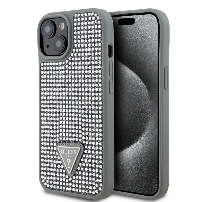 Bal-z Apple iPhone 14 Kılıf Guess Orjinal Lisanslı Taşlı Arka Yüzey Üçgen Logolu Kapak