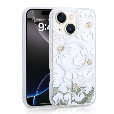 Bal-z Apple iPhone 14 Kılıf Sıvılı Simli Baskılı Şeffaf Arka Yüzey Zore Mossa Silikon Kapak