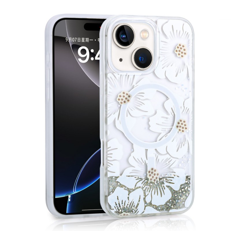 Bal-z Apple iPhone 14 Kılıf Sıvılı Simli Baskılı Şeffaf Arka Yüzey Zore Mossa Silikon Kapak