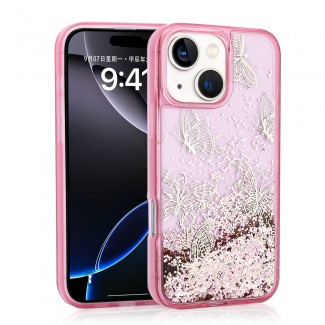 Apple iPhone 14 Kılıf Sıvılı Simli Kelebek Baskılı Şeffaf Arka Yüzey Zore Glis Silikon Kapak Apple iPhone 14 Kılıf Sıvılı Simli Kelebek Baskılı Şeffaf Arka Yüzey Zore Glis Silikon Kapak