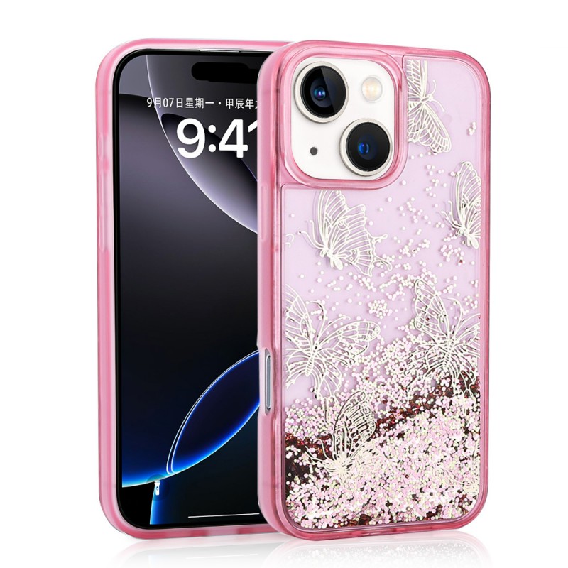 Bal-z Apple iPhone 14 Kılıf Sıvılı Simli Kelebek Baskılı Şeffaf Arka Yüzey  Glis Silikon Kapak