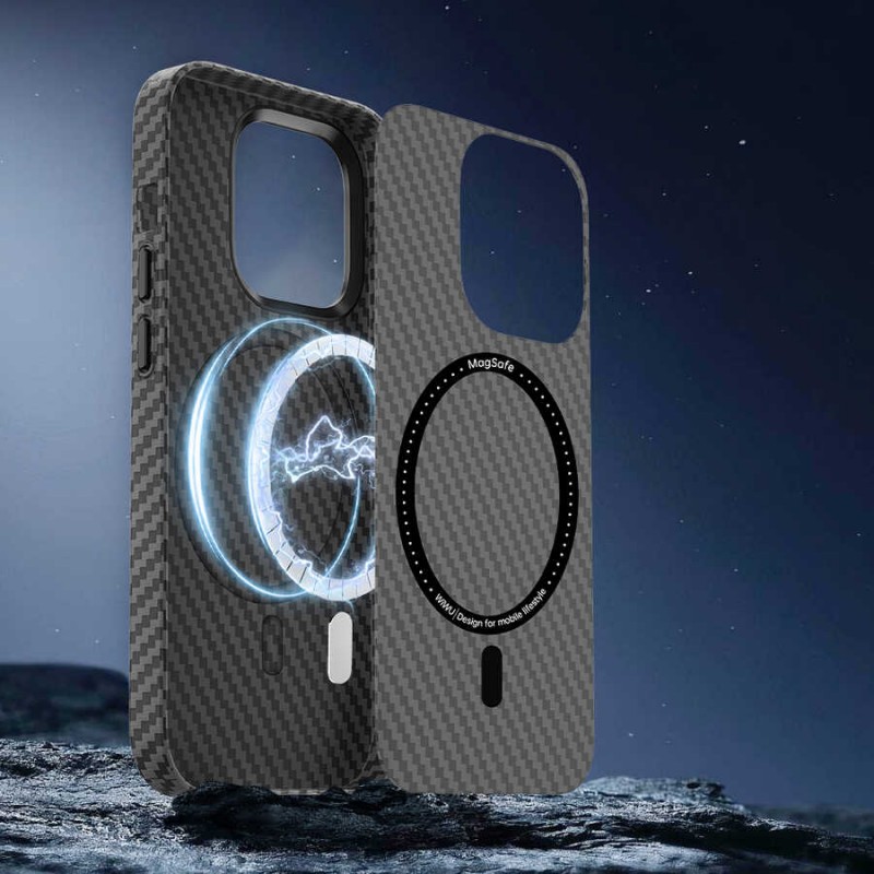 Bal-z Apple iPhone 14 Kılıf ​​​​​Wiwu Karbon Fiber Görünümlü M-safe Wireless Şarj Özellikli Kabon Kapak