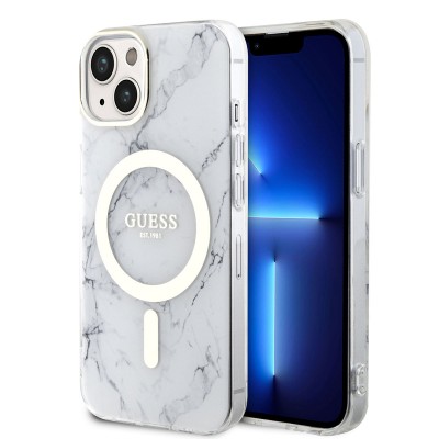 Bal-z Apple iPhone 14 Plus Kılıf GUESS M-safe Şarj Özellikli Mermer Desenli Kapak
