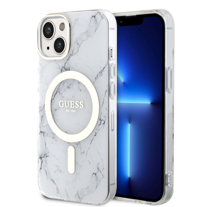 Bal-z Apple iPhone 14 Plus Kılıf GUESS M-safe Şarj Özellikli Mermer Desenli Kapak