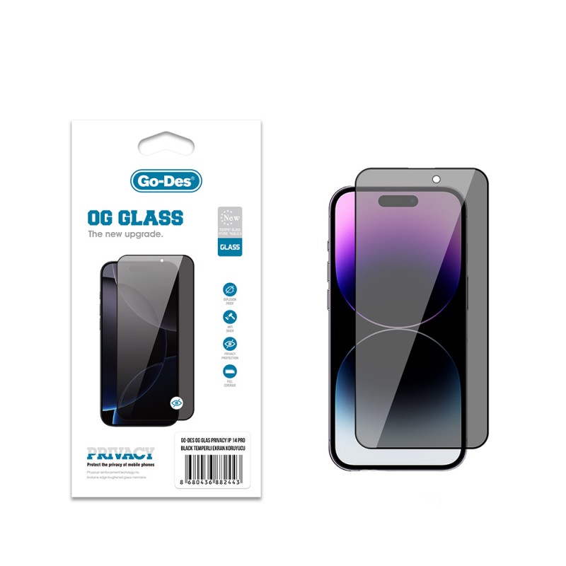 Bal-z Apple iPhone 14 Pro Go Des OG Glass Privacy Antistatik Temperli Cam Ekran Koruyucu