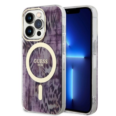 Bal-z Apple iPhone 14 Pro Kılıf GUESS M-safe Şarj Özellikli Leopar Desenli Kapak