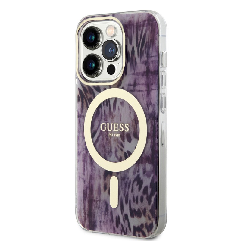 Bal-z Apple iPhone 14 Pro Kılıf GUESS M-safe Şarj Özellikli Leopar Desenli Kapak