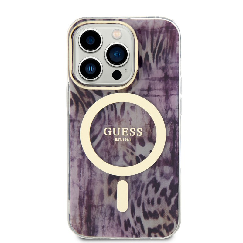 Bal-z Apple iPhone 14 Pro Kılıf GUESS M-safe Şarj Özellikli Leopar Desenli Kapak