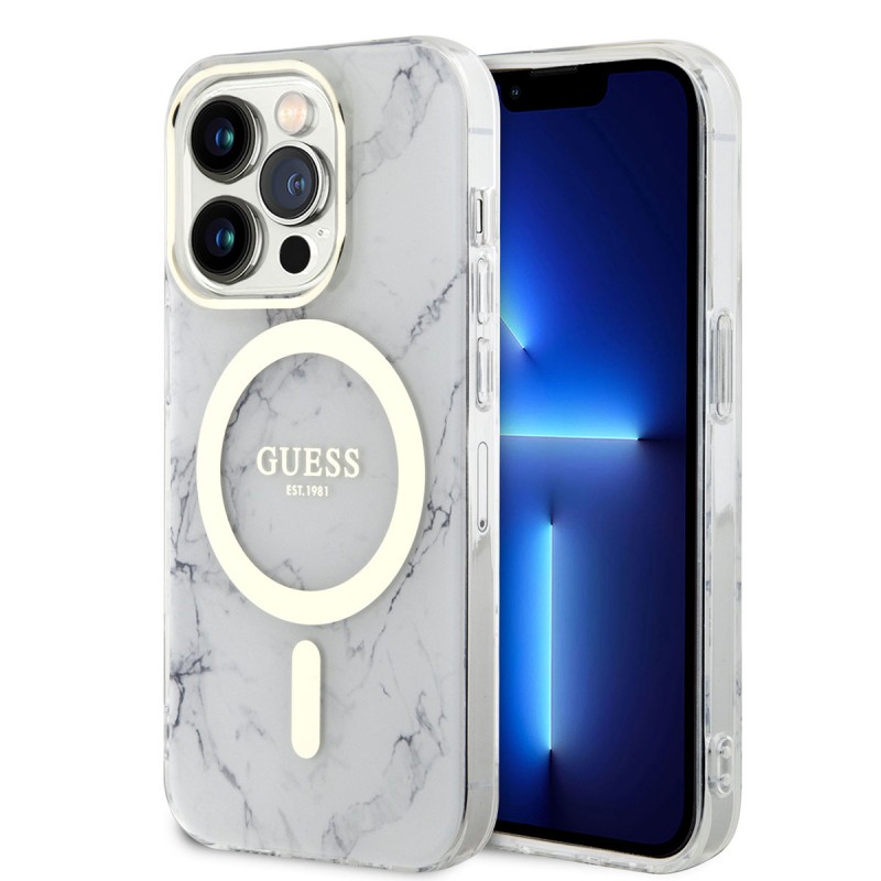 Bal-z Apple iPhone 14 Pro Kılıf GUESS M-safe Şarj Özellikli Mermer Desenli Kapak