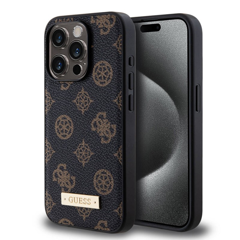 Bal-z Apple iPhone 14 Pro Kılıf Guess M-safe Şarj Özellikli PU Deri Desenli Metal Plaka Logolu Kapak