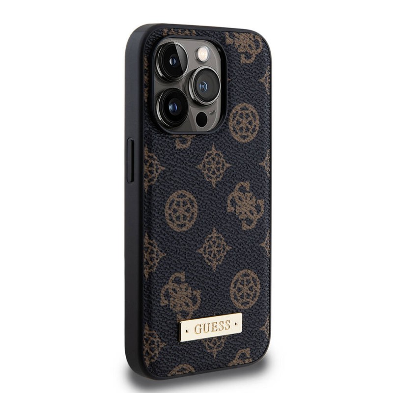 Bal-z Apple iPhone 14 Pro Kılıf Guess M-safe Şarj Özellikli PU Deri Desenli Metal Plaka Logolu Kapak