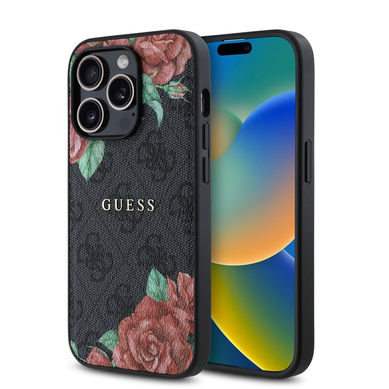 Bal-z Apple iPhone 14 Pro Kılıf Guess Orjinal Lisanslı M-safe Şarj Özellikli Gül Baskılı 4G Desenli Yazı Logolu Kapak